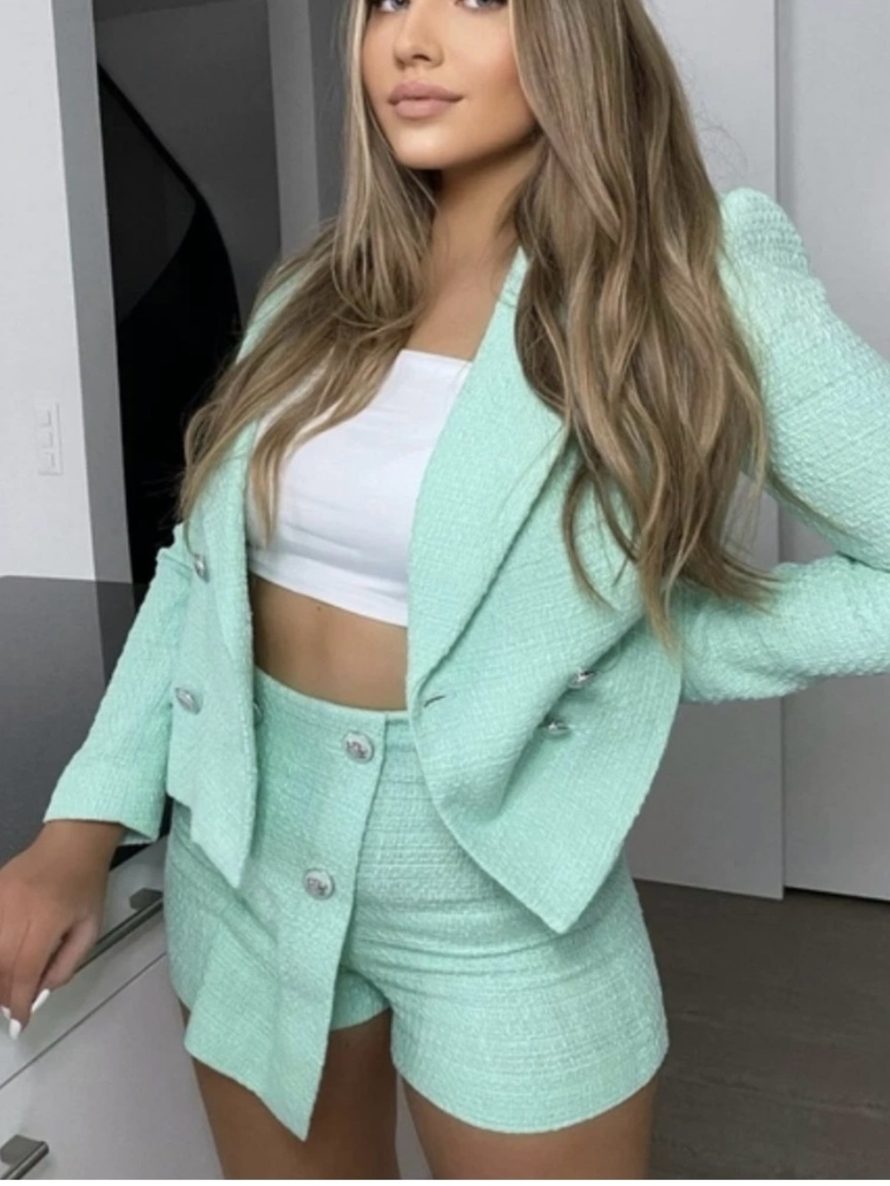 Zara Mint Green Tweed Double-Breasted Blazer and skorts